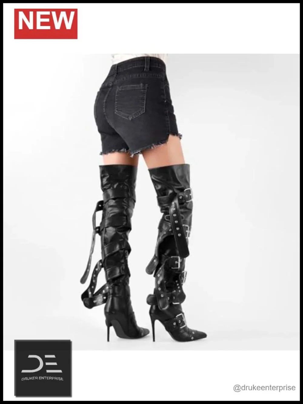 Over the Knee Stiletto Heeled Boots Multi Buckle Thigh High Pointed Toe Women's
